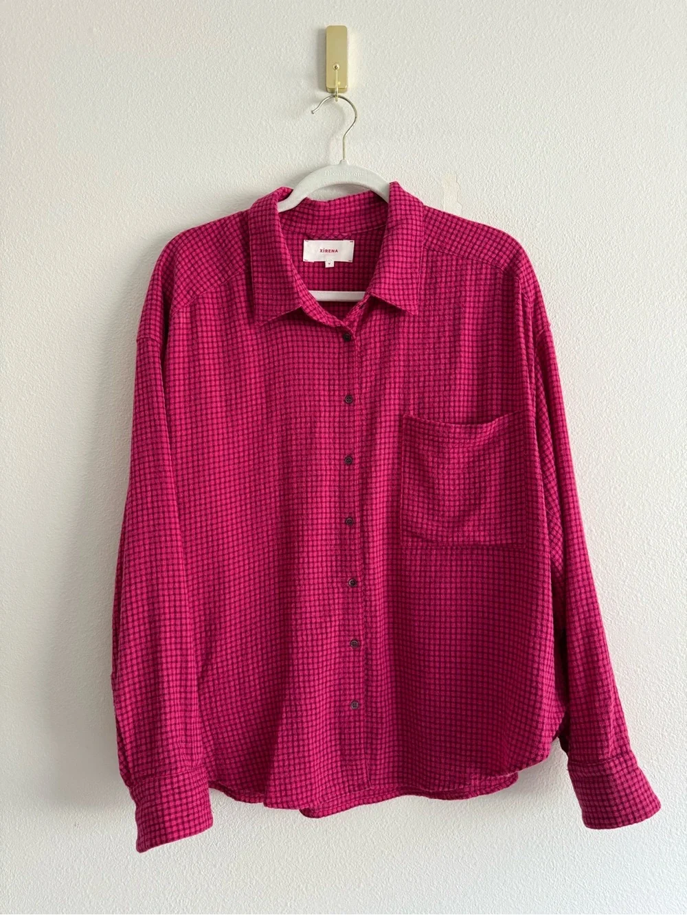 Xirena woven button-front textured shirt fuchsia‎ pink check pattern Sz M